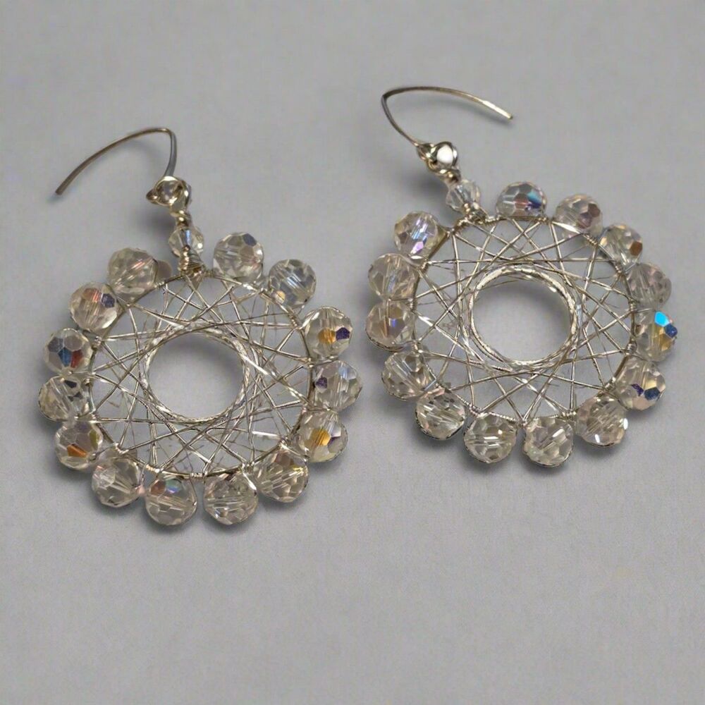 Handmade AB Crystal Hoop Earrings Silver Wire Wrapped Dangle Jewelry